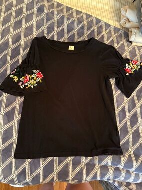 Black Floral Embroidered Bell Sleeve Top